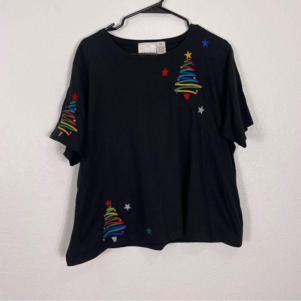 Michael‎ Simon Light Black with Colorful Embroidered Tree and Star Print Tshirt